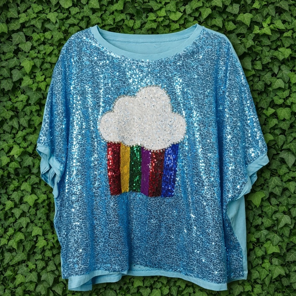 ✨ Fantastic Fawn Blue Sequin Rainbow Cupcake Oversized Top | NWT | Fits up to 2X - Picture 3 of 3